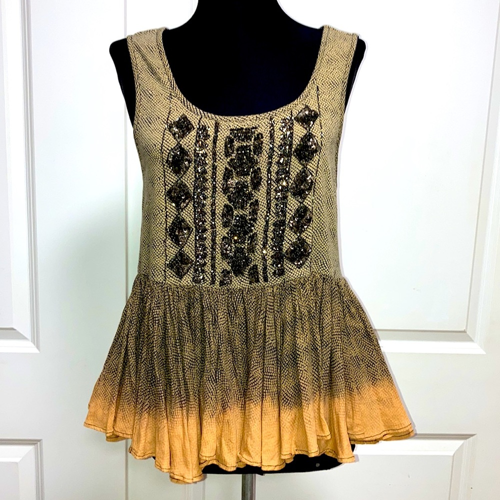 ANTHROPOLOGIE AKEMI+KIN Gypsy Boho Flared Tank Top Black Bead Embroider Tunic S